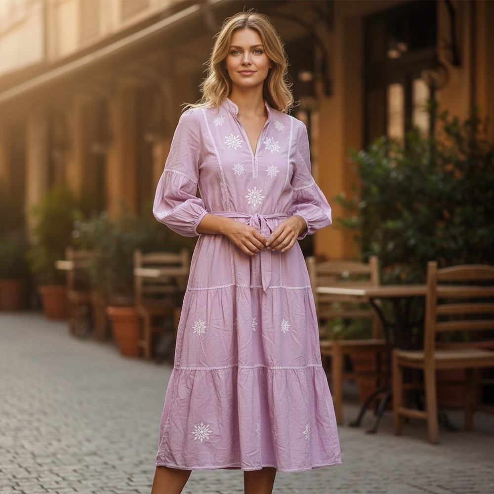 NICOBLU | Embroidered Cotton Maxi Dress Women XS Purple Tiered Balloon Sleeve